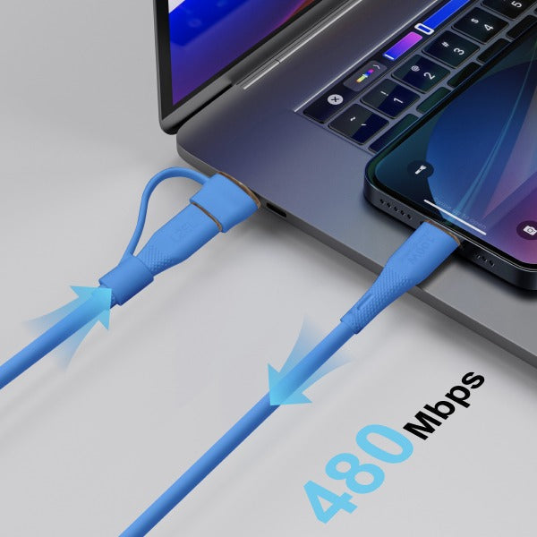 LZEL Celeris PowerDuo – 2-in-1 USB-C to USB-C 100W Silicone Cable (1m) Built-in USB-A connector | Dark Blue