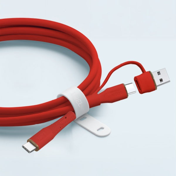 LZEL Celeris PowerDuo – 2-in-1 USB-C to USB-C 100W Silicone Cable (1m) Built-in USB-A connector | Red