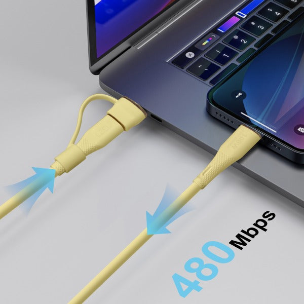 LZEL Celeris PowerDuo – 2-in-1 USB-C to USB-C 100W Silicone Cable (2m) Built-in USB-A connector | Yellow