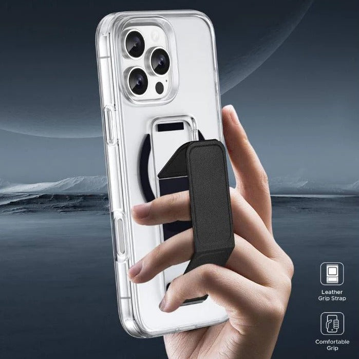Asli Global iPhone 15 Pro Leather Grip Case | Clear/Black