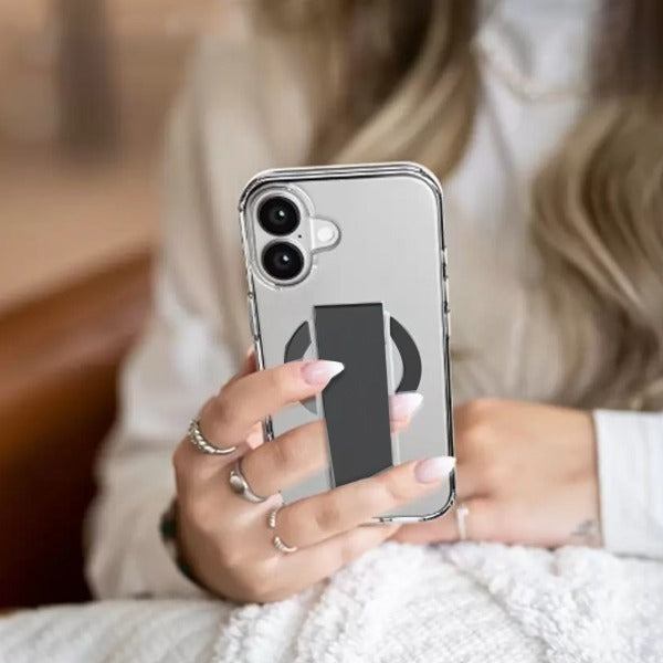 Asli Global iPhone 16 Plus Leather Grip Case Clear | Black