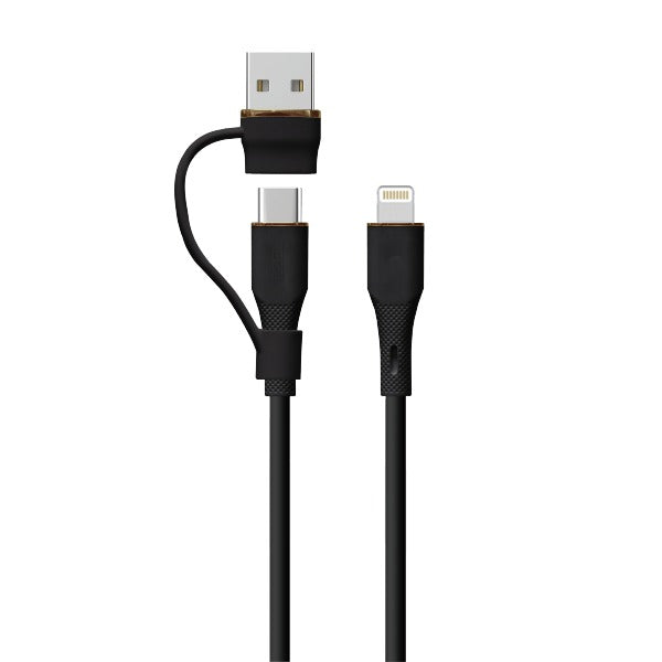 LZEL Celeris PowerDuo – 2-in-1 USB-C to Lightning 27W Silicone Cable (30cm) Built-in USB-A Connector | Black