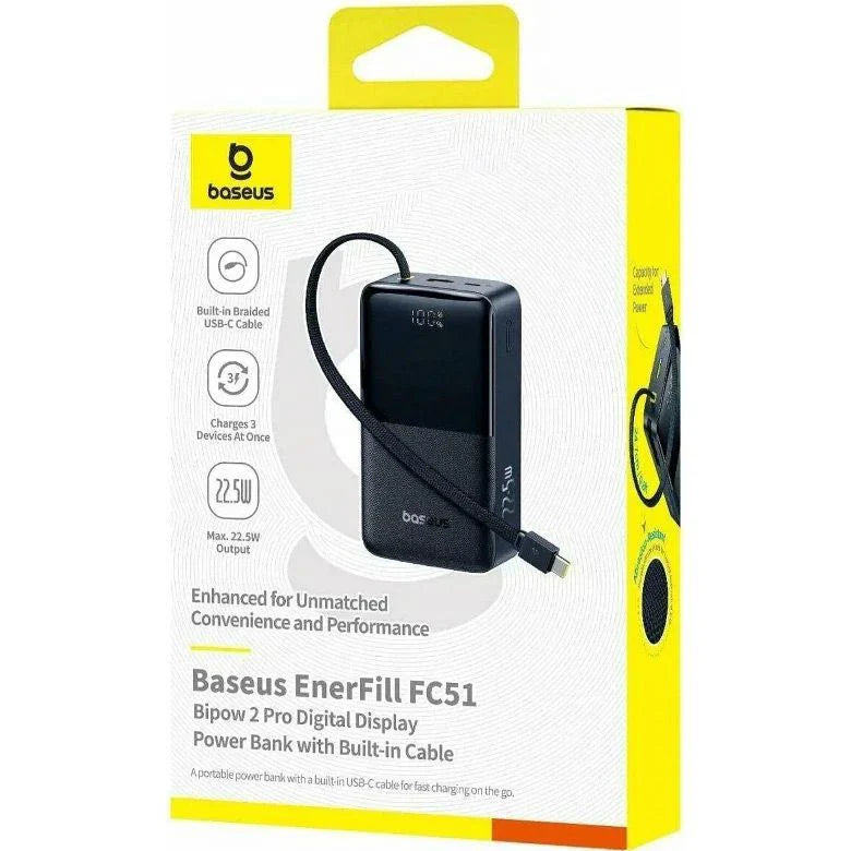 Baseus EnerFill FC51 Bipow2 Pro Digital Display Power Bank with Built-in Cable 30000mAh 22.5W | Cosmic Black