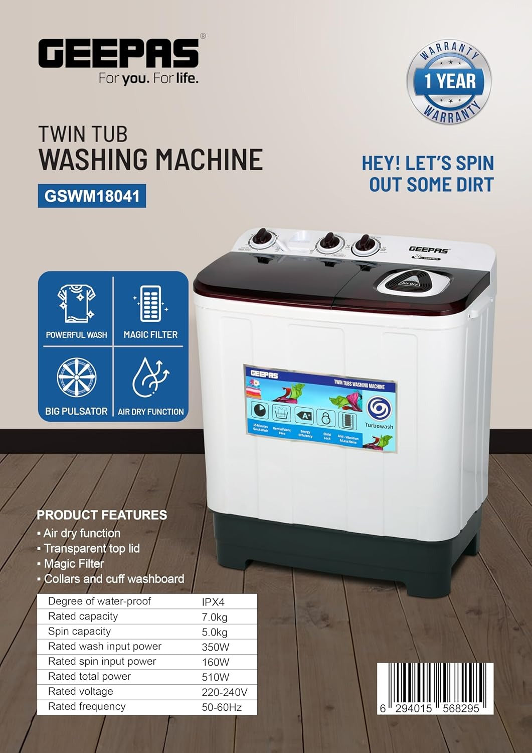 Geepas 7.0 KG Twin Tub Semi-Automatic Washing Machine – Full Knob Control, Top Load
