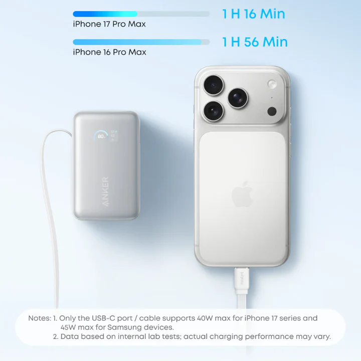Anker Nano Power Bank 10,000mAh – 45W Fast Charging with Built-in USB-C Cable | White