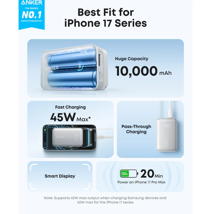 Anker Nano Power Bank 10,000mAh – 45W Fast Charging with Built-in USB-C Cable | White