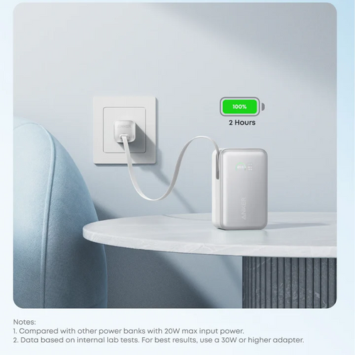 Anker Nano Power Bank 10,000mAh â?? 45W Fast Charging with Built-in USB-C Cable | White