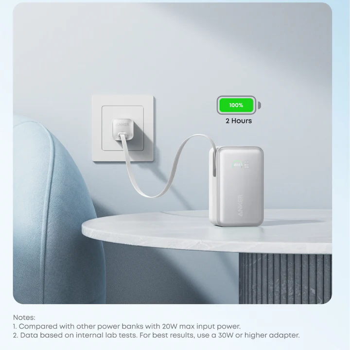 Anker Nano Power Bank 10,000mAh – 45W Fast Charging with Built-in USB-C Cable | White