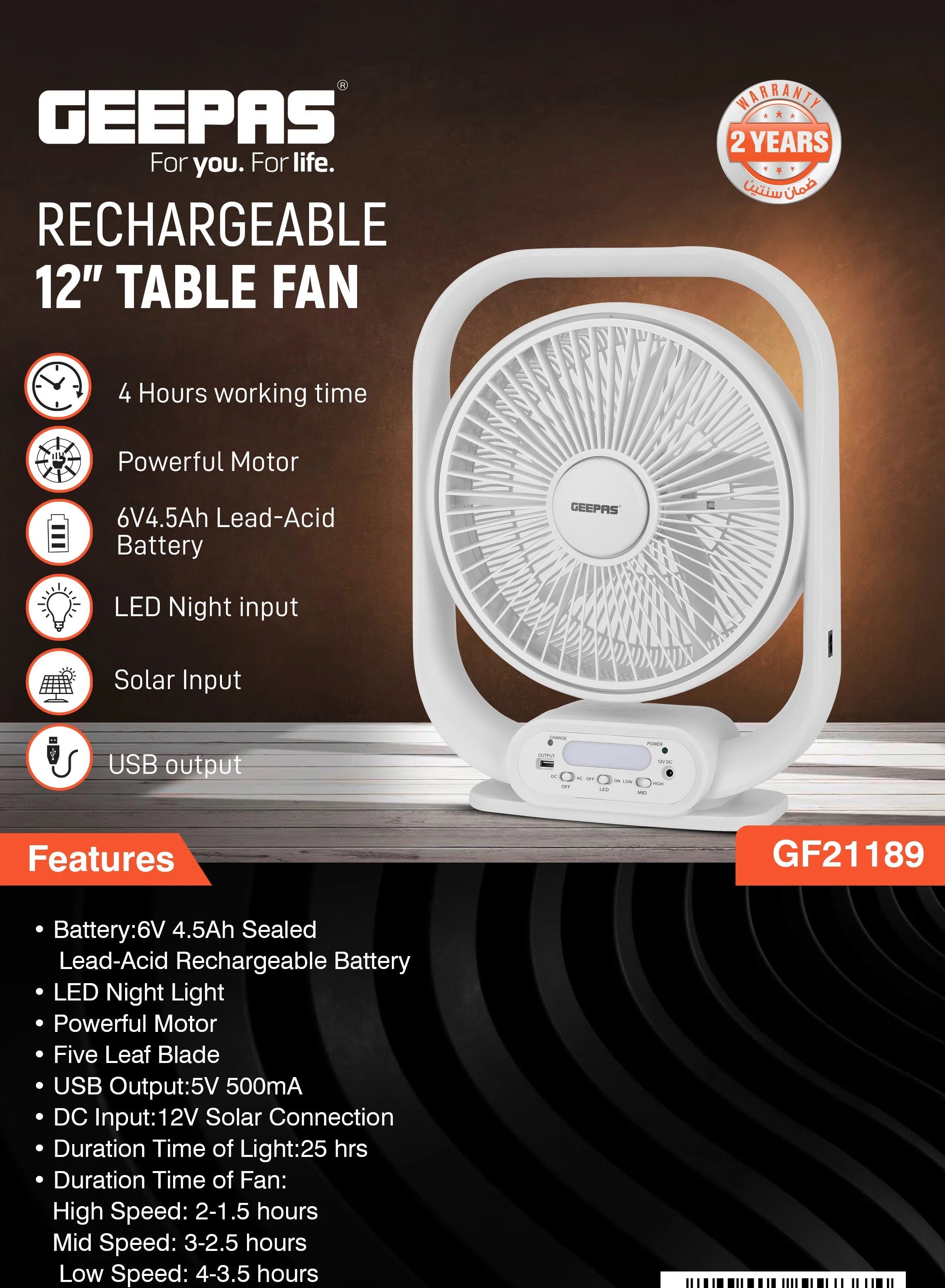 GEEPAS 12-Inch Rechargeable Table Fan with 5 Blades