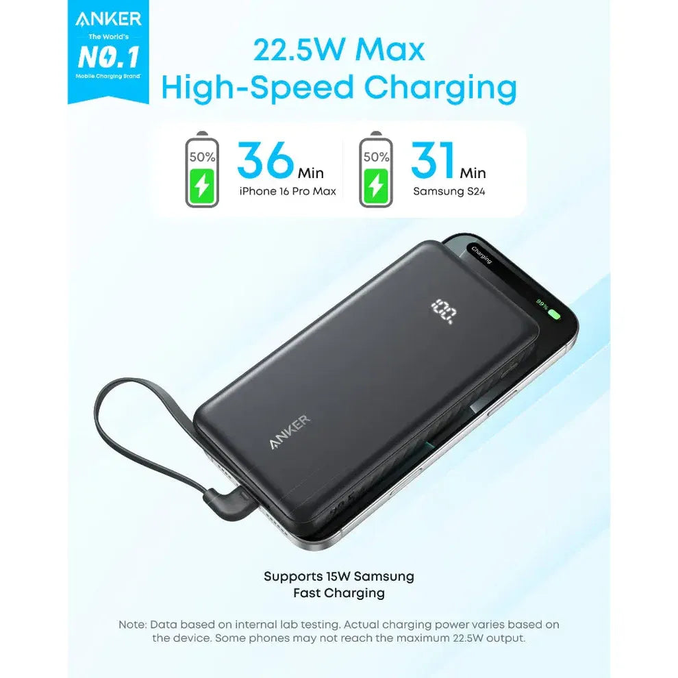Anker Zolo Power Bank 10,000mAh – 22.5W Fast Charging with Built-In USB-C Cable | Black