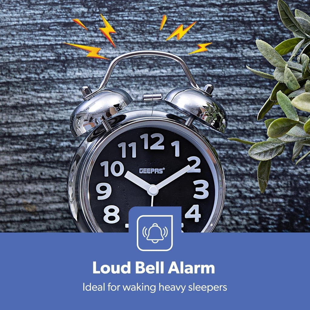 Geepas Twin Bell Alarm Clock – Chrome Silver