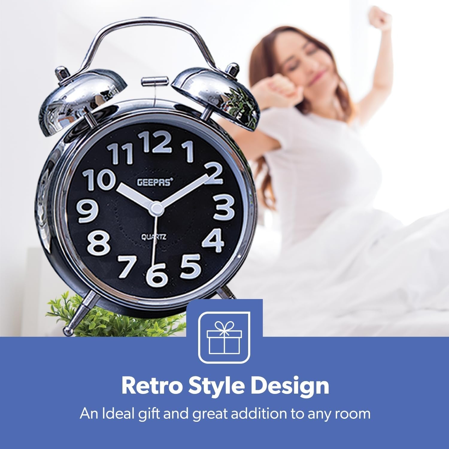 Geepas Twin Bell Alarm Clock – Chrome Silver