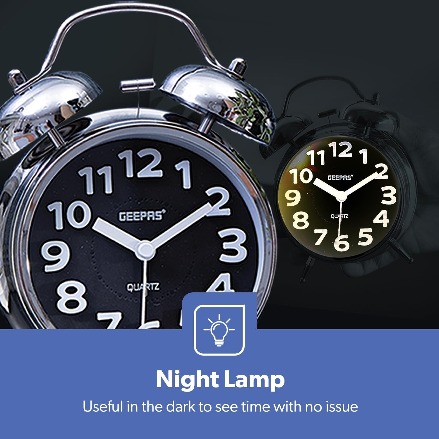 Geepas Twin Bell Alarm Clock – Chrome Silver