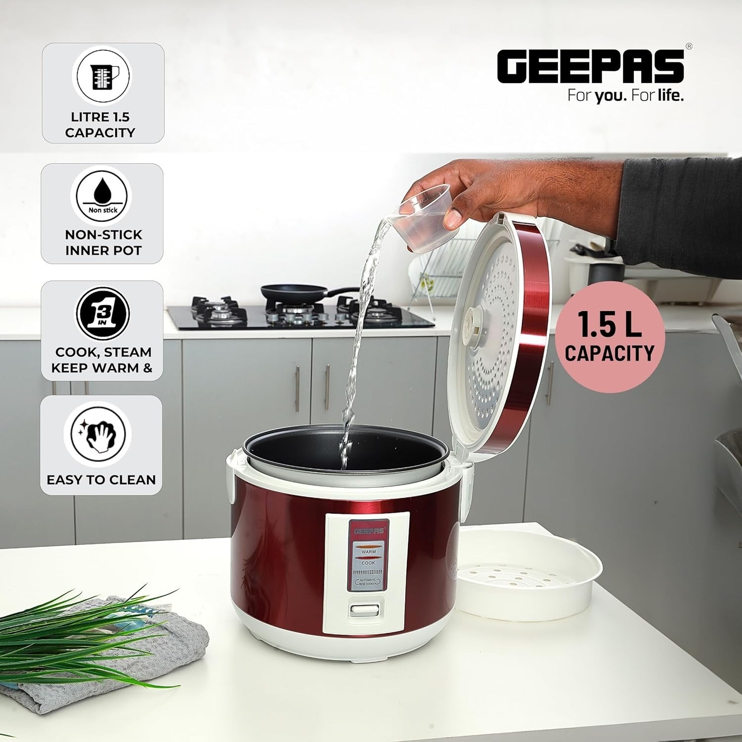Geepas Stainless Steel Rice Cooker – 1.5L | Red