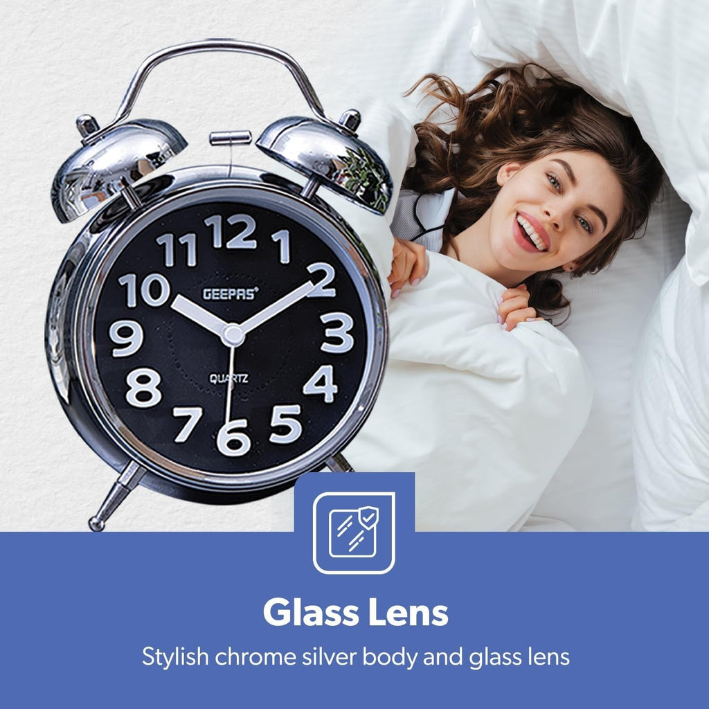 Geepas Twin Bell Alarm Clock – Chrome Silver