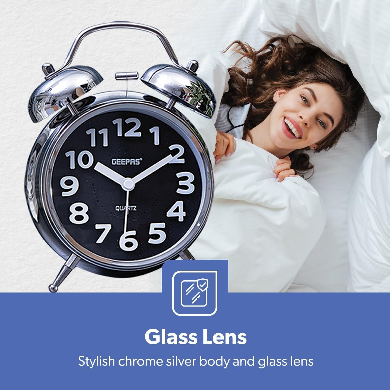Geepas Twin Bell Alarm Clock – Chrome Silver