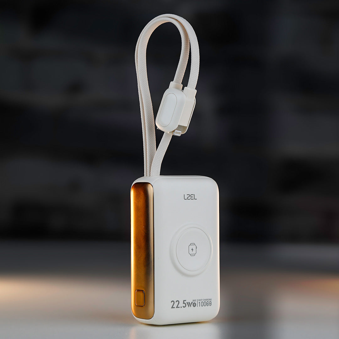 LZEL Ampflow10 Mini 10000Mah Pd Power Bank 22.5W | Built-In Type-C & Lightning Cable | Wireless Charging