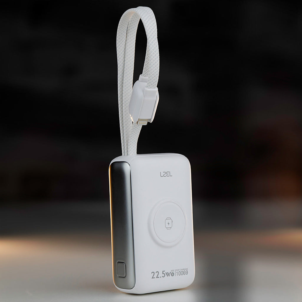 LZEL Ampflow10 Mini 10000Mah Pd Power Bank 22.5W | Built-In Type-C & Lightning Cable | Wireless Charging
