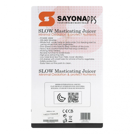 Sayona Slow Masticating Juicer â€“ 250W, 220â€“240V