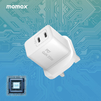 Momax OnePlug 2-Ports Mini GaN Charger 35W - 2 USB-C -PD | White