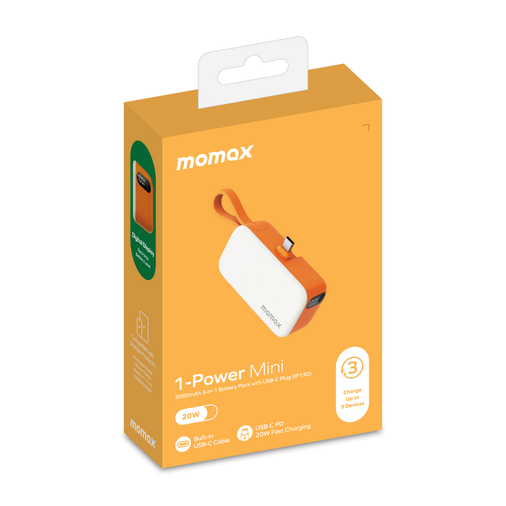 Momax 1-Power Mini 5000mAh Bulit-in foldable USB C Battery pack Orange