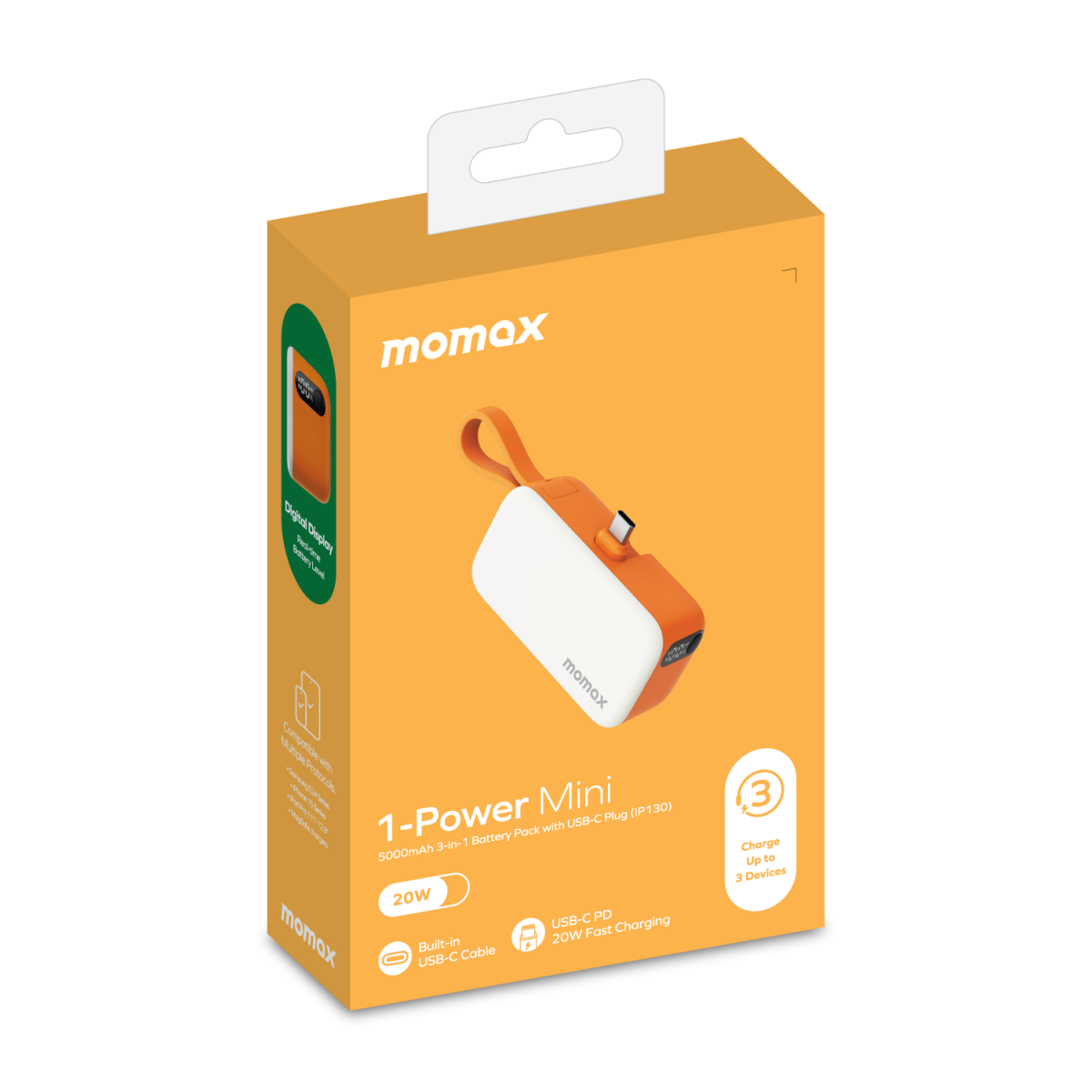 Momax 1-Power Mini 5000mAh Bulit-in foldable USB C Battery pack Orange