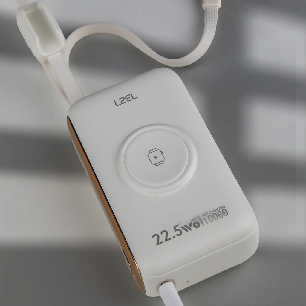 LZEL Ampflow10 Mini 10000Mah Pd Power Bank 22.5W | Built-In Type-C & Lightning Cable | Wireless Charging