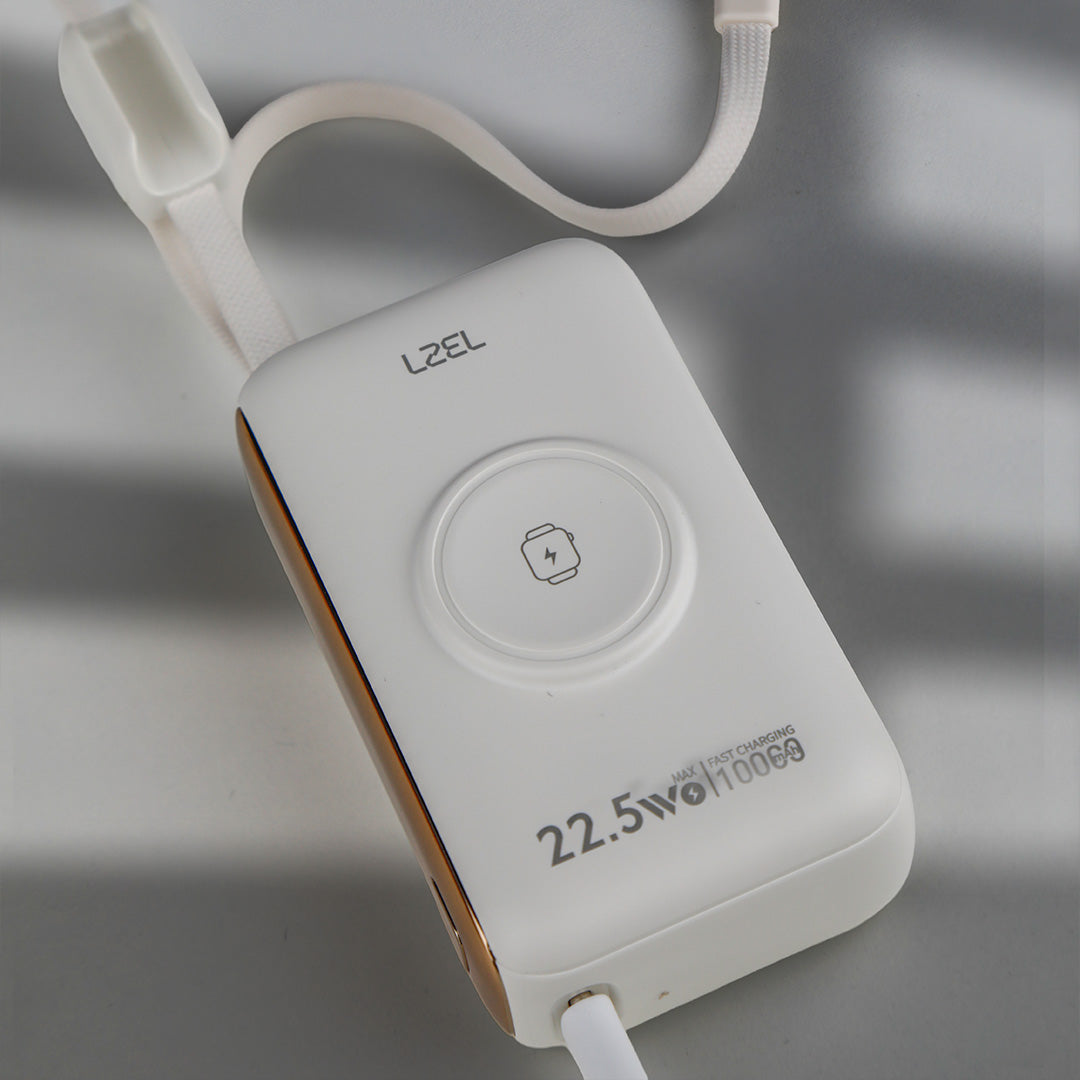 LZEL Ampflow10 Mini 10000Mah Pd Power Bank 22.5W | Built-In Type-C & Lightning Cable | Wireless Charging