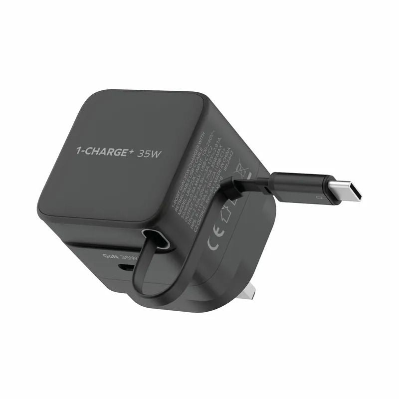 Momax 1-Charger 35W 1-Port Gan Charger With Retractable Usb-C Cable Black